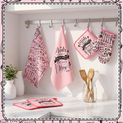 6 Kitchen Towels Sets Kitchen Decor Accessories Set with Oven Mitts and Pot Holders Farmhouse Oven Glove Decor for Cooking Baking Grilling Supplies(Pink,Black,Novel)