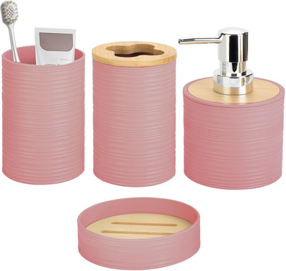 4 Piece Bamboo Bathroom Accessories Set, Boho Bathroom Decor,LightPink