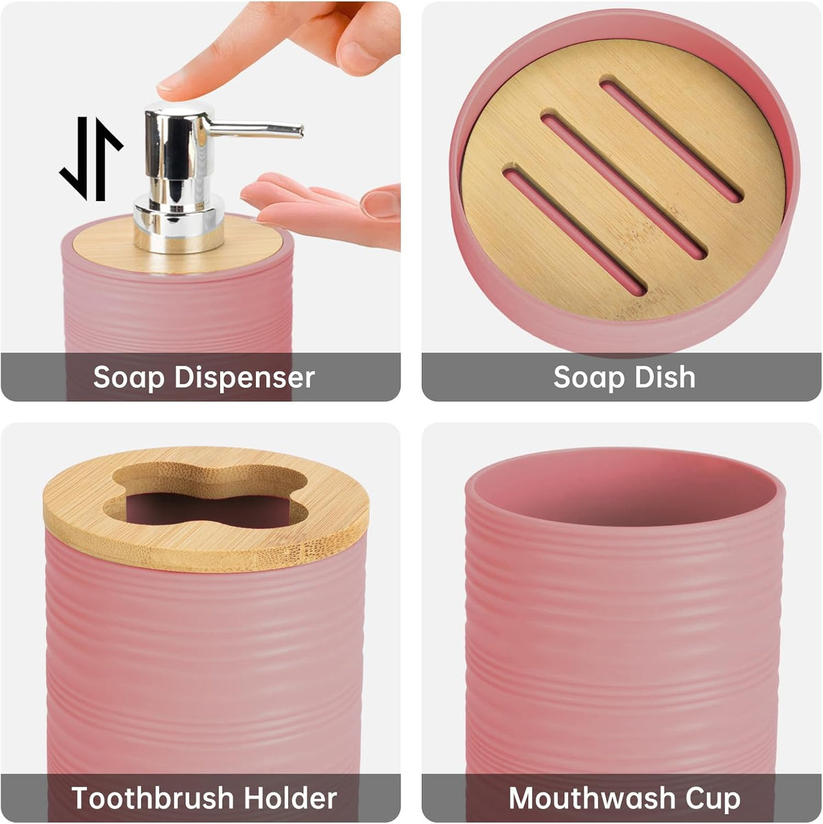 4 Piece Bamboo Bathroom Accessories Set, Boho Bathroom Decor,LightPink