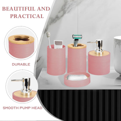 4 Piece Bamboo Bathroom Accessories Set, Boho Bathroom Decor,LightPink