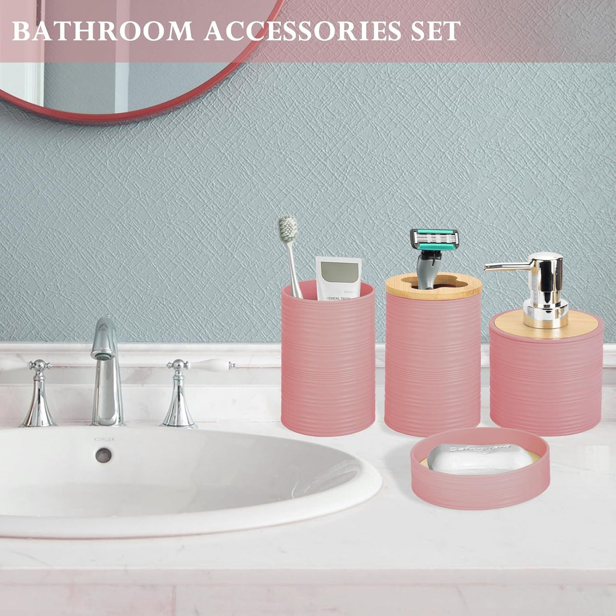 4 Piece Bamboo Bathroom Accessories Set, Boho Bathroom Decor,LightPink