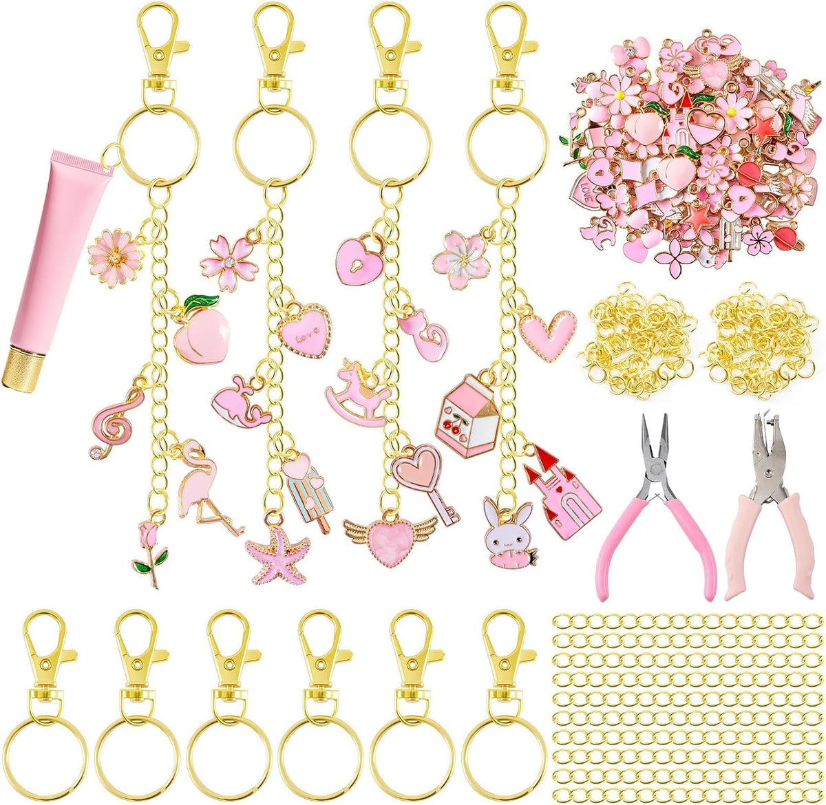 254 Pcs Pink Charms Lip Gloss Keychain Making Kit with Enamel Bag Charms, Keychain Hooks, Chains, Jump Rings, Plier, Spring Pink Jewelry Making Kit Supplies for DIY Craft Gifts