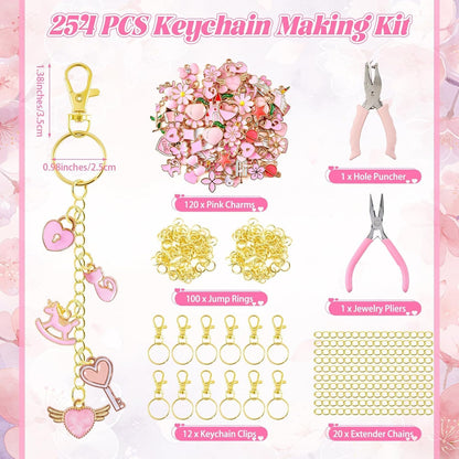 254 Pcs Pink Charms Lip Gloss Keychain Making Kit with Enamel Bag Charms, Keychain Hooks, Chains, Jump Rings, Plier, Spring Pink Jewelry Making Kit Supplies for DIY Craft Gifts