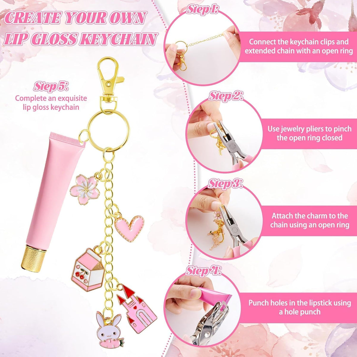 254 Pcs Pink Charms Lip Gloss Keychain Making Kit with Enamel Bag Charms, Keychain Hooks, Chains, Jump Rings, Plier, Spring Pink Jewelry Making Kit Supplies for DIY Craft Gifts