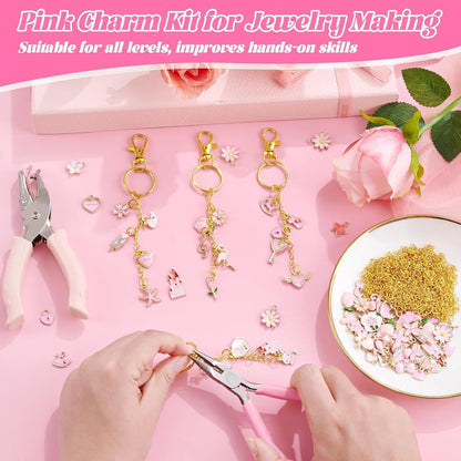 254 Pcs Pink Charms Lip Gloss Keychain Making Kit with Enamel Bag Charms, Keychain Hooks, Chains, Jump Rings, Plier, Spring Pink Jewelry Making Kit Supplies for DIY Craft Gifts
