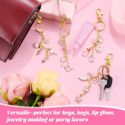 254 Pcs Pink Charms Lip Gloss Keychain Making Kit with Enamel Bag Charms, Keychain Hooks, Chains, Jump Rings, Plier, Spring Pink Jewelry Making Kit Supplies for DIY Craft Gifts