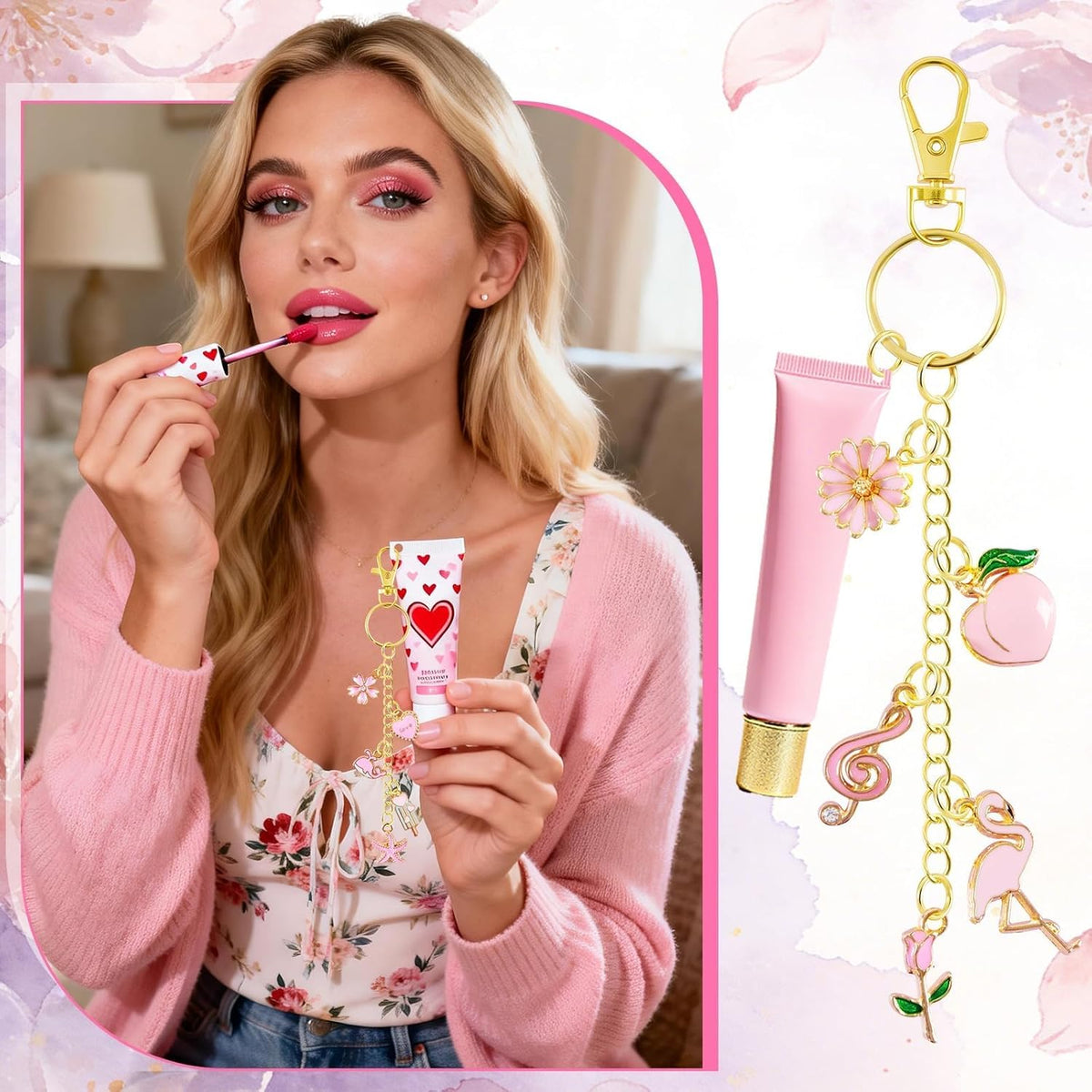 254 Pcs Pink Charms Lip Gloss Keychain Making Kit with Enamel Bag Charms, Keychain Hooks, Chains, Jump Rings, Plier, Spring Pink Jewelry Making Kit Supplies for DIY Craft Gifts