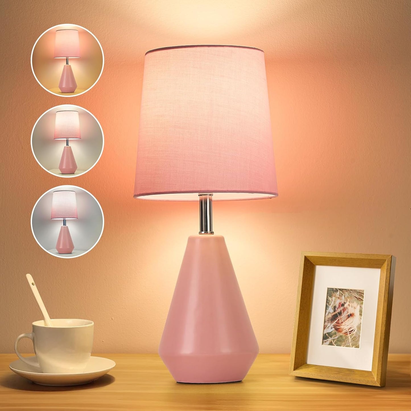 Small Bedside Table Lamp for Bedroom - Reading Desk Lamp with 3 Color Temperatures，15.5" Nightstand Ceramic Lamp with Fabric Shade for Kids Room,Living Room,Dorm,Home Office (Pink)