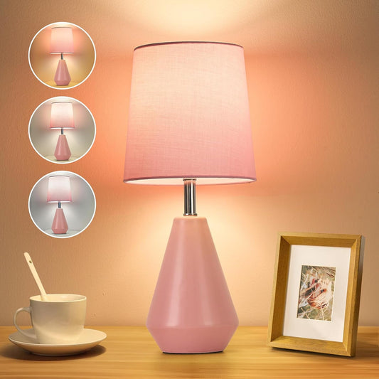 Small Bedside Table Lamp for Bedroom - Reading Desk Lamp with 3 Color Temperatures，15.5" Nightstand Ceramic Lamp with Fabric Shade for Kids Room,Living Room,Dorm,Home Office (Pink)
