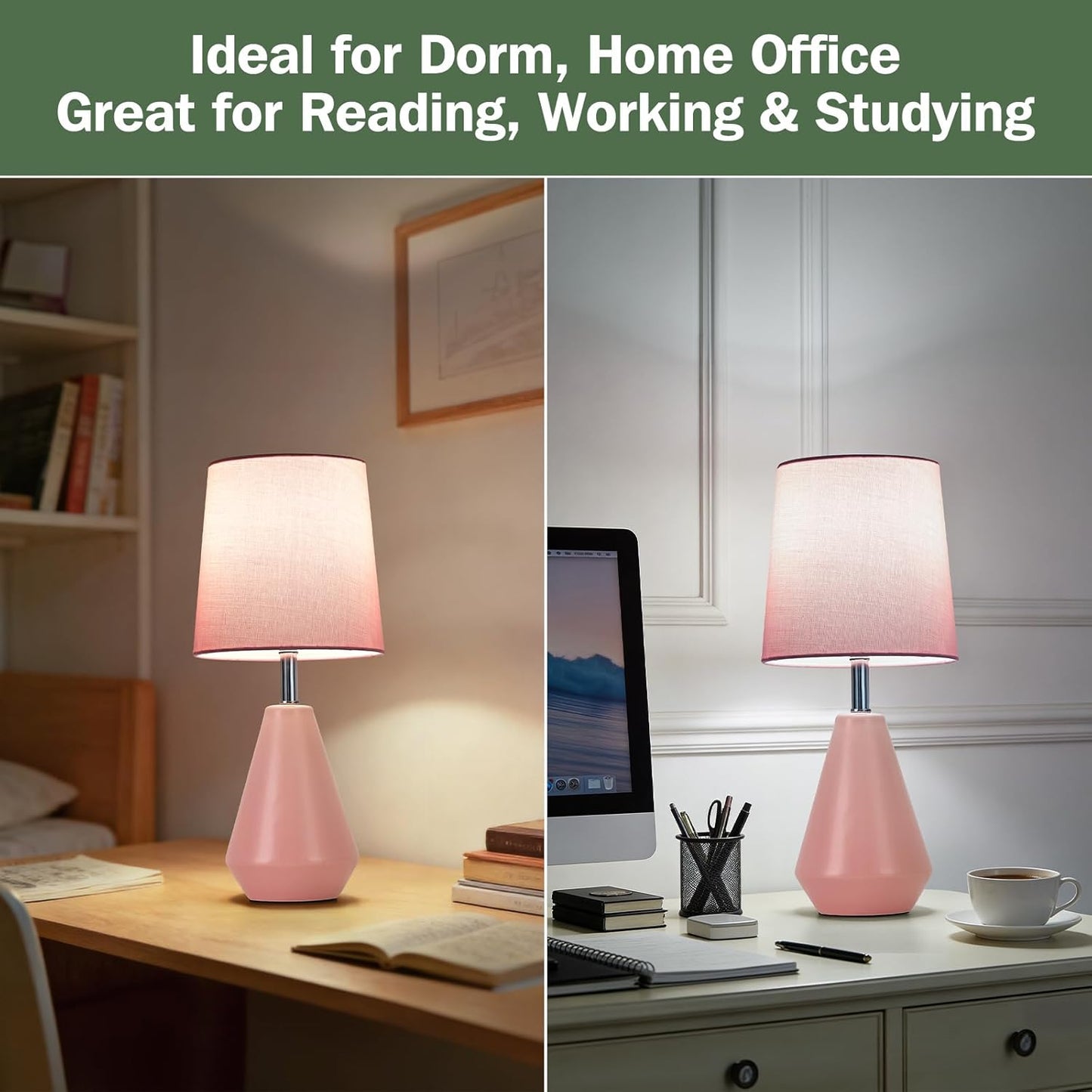 Small Bedside Table Lamp for Bedroom - Reading Desk Lamp with 3 Color Temperatures，15.5" Nightstand Ceramic Lamp with Fabric Shade for Kids Room,Living Room,Dorm,Home Office (Pink)