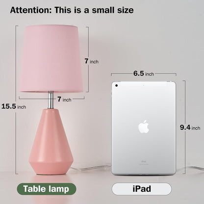 Small Bedside Table Lamp for Bedroom - Reading Desk Lamp with 3 Color Temperatures，15.5" Nightstand Ceramic Lamp with Fabric Shade for Kids Room,Living Room,Dorm,Home Office (Pink)