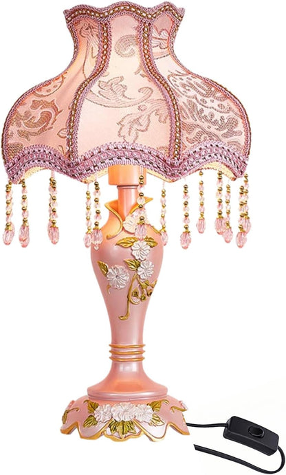 Vintage Pink Table Lamp Victorian Style with Smart Home Compatibility, Princess Bedside Lamp with Fabric Shade, Antique Flower Night Light for Bedroom Nightstand, E26/E27 Base, 19.7inch