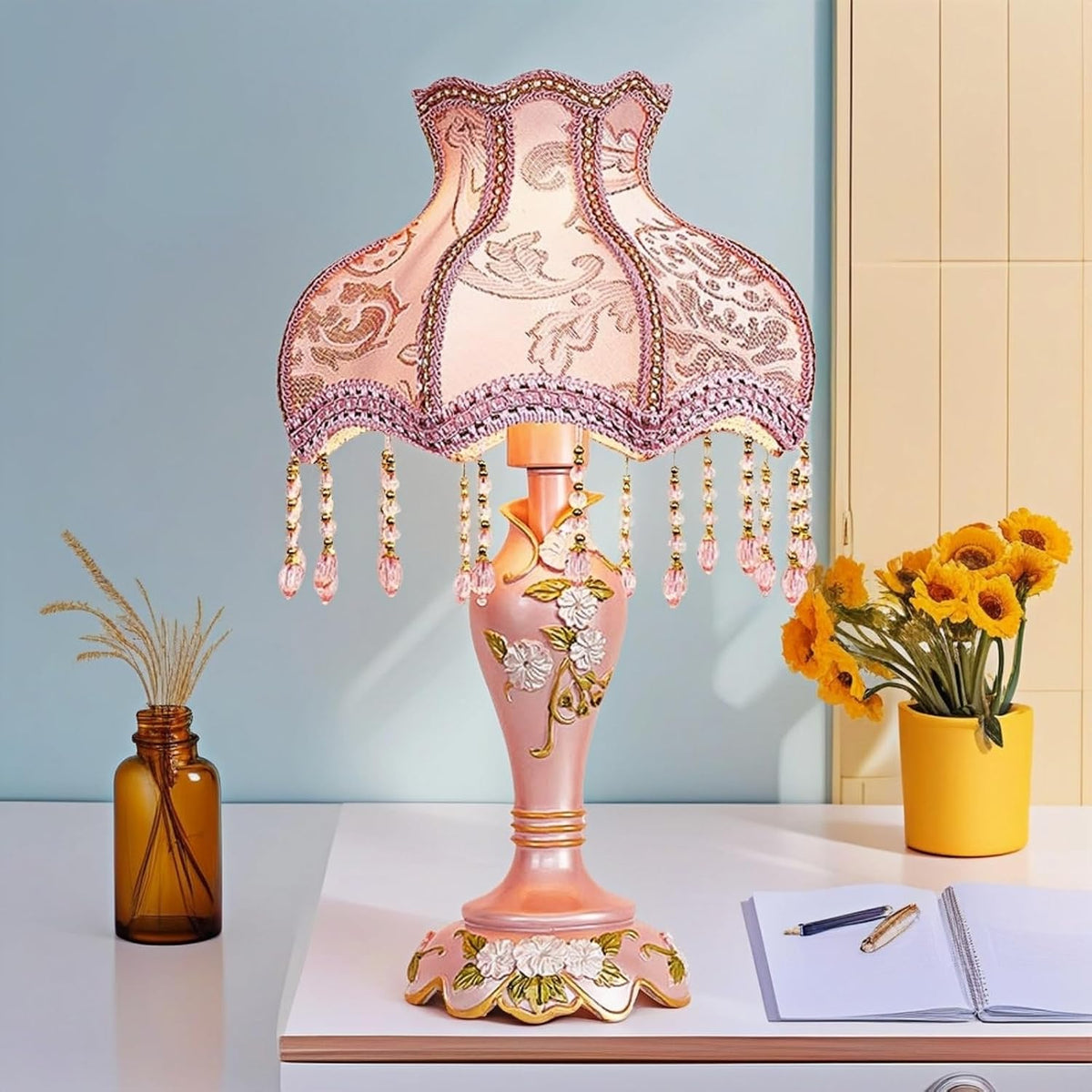 Vintage Pink Table Lamp Victorian Style with Smart Home Compatibility, Princess Bedside Lamp with Fabric Shade, Antique Flower Night Light for Bedroom Nightstand, E26/E27 Base, 19.7inch