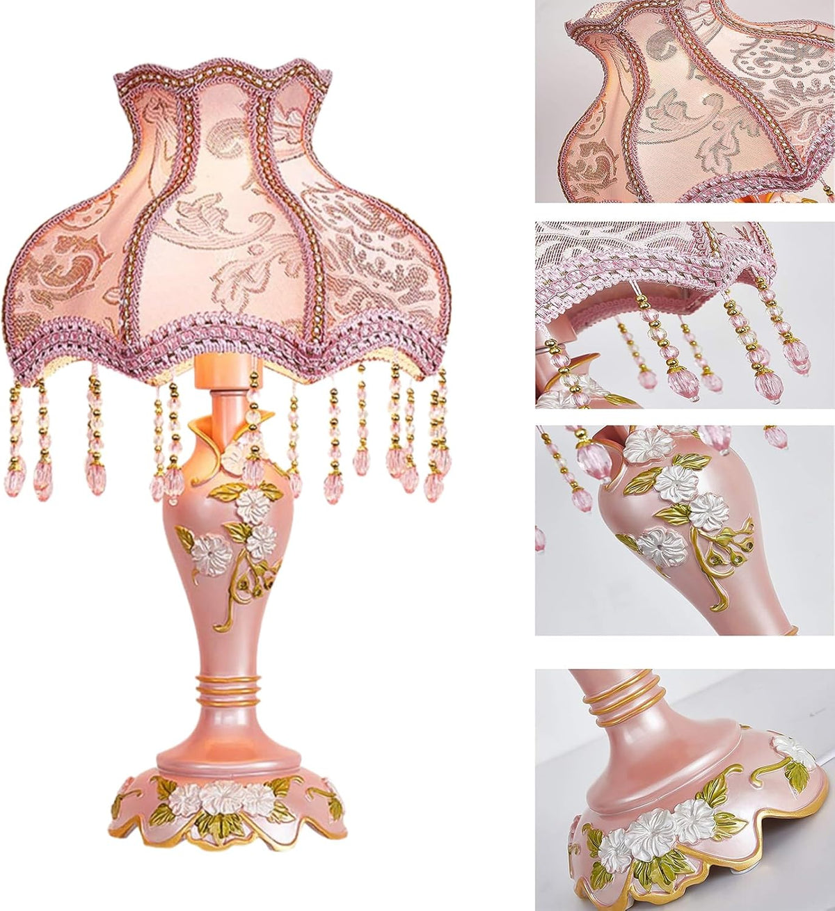 Vintage Pink Table Lamp Victorian Style with Smart Home Compatibility, Princess Bedside Lamp with Fabric Shade, Antique Flower Night Light for Bedroom Nightstand, E26/E27 Base, 19.7inch