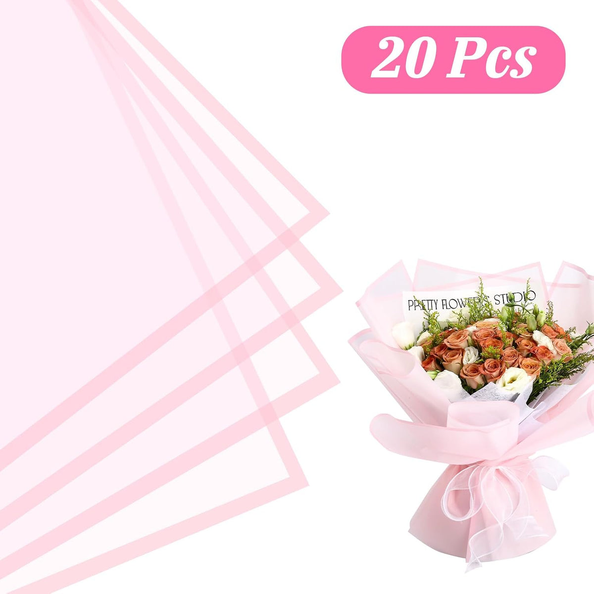 Flower Wrapping Paper, 20 Sheets, Waterproof, Floral Bouquet Design, for Wedding, Birthday Gift, DIY Florist Supplies (Translucent white) (Pink colour, 20 Sheets)