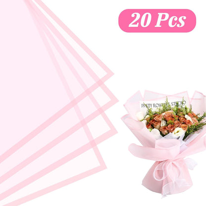 Flower Wrapping Paper, 20 Sheets, Waterproof, Floral Bouquet Design, for Wedding, Birthday Gift, DIY Florist Supplies (Translucent white) (Pink colour, 20 Sheets)
