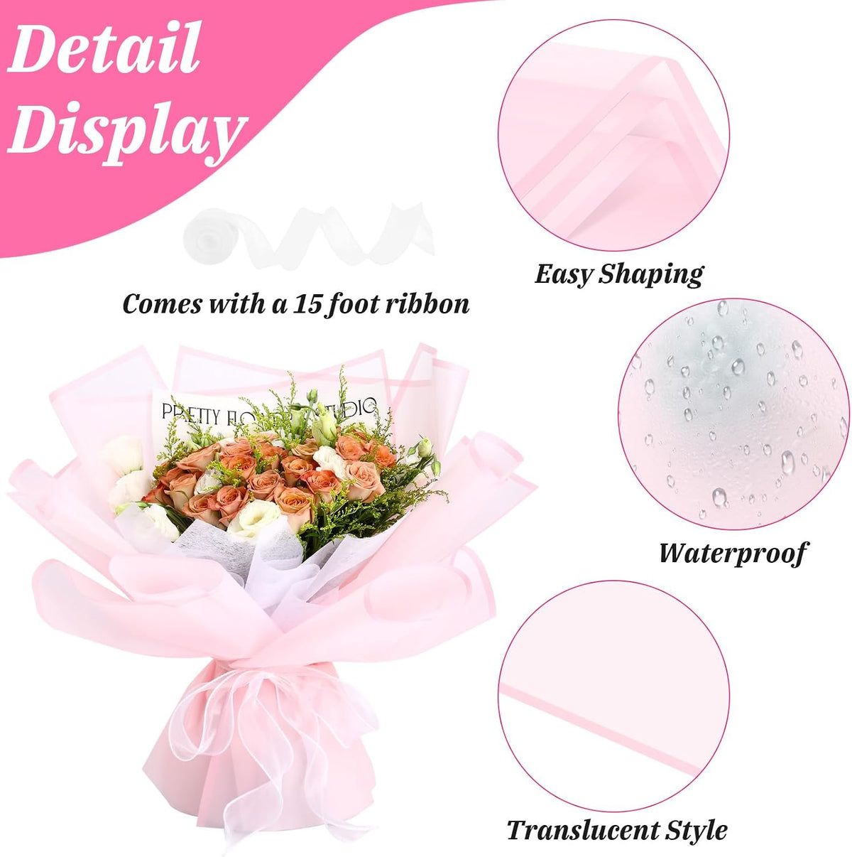 Flower Wrapping Paper, 20 Sheets, Waterproof, Floral Bouquet Design, for Wedding, Birthday Gift, DIY Florist Supplies (Translucent white) (Pink colour, 20 Sheets)