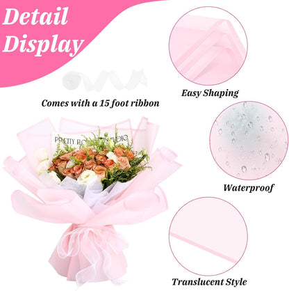 Flower Wrapping Paper, 20 Sheets, Waterproof, Floral Bouquet Design, for Wedding, Birthday Gift, DIY Florist Supplies (Translucent white) (Pink colour, 20 Sheets)