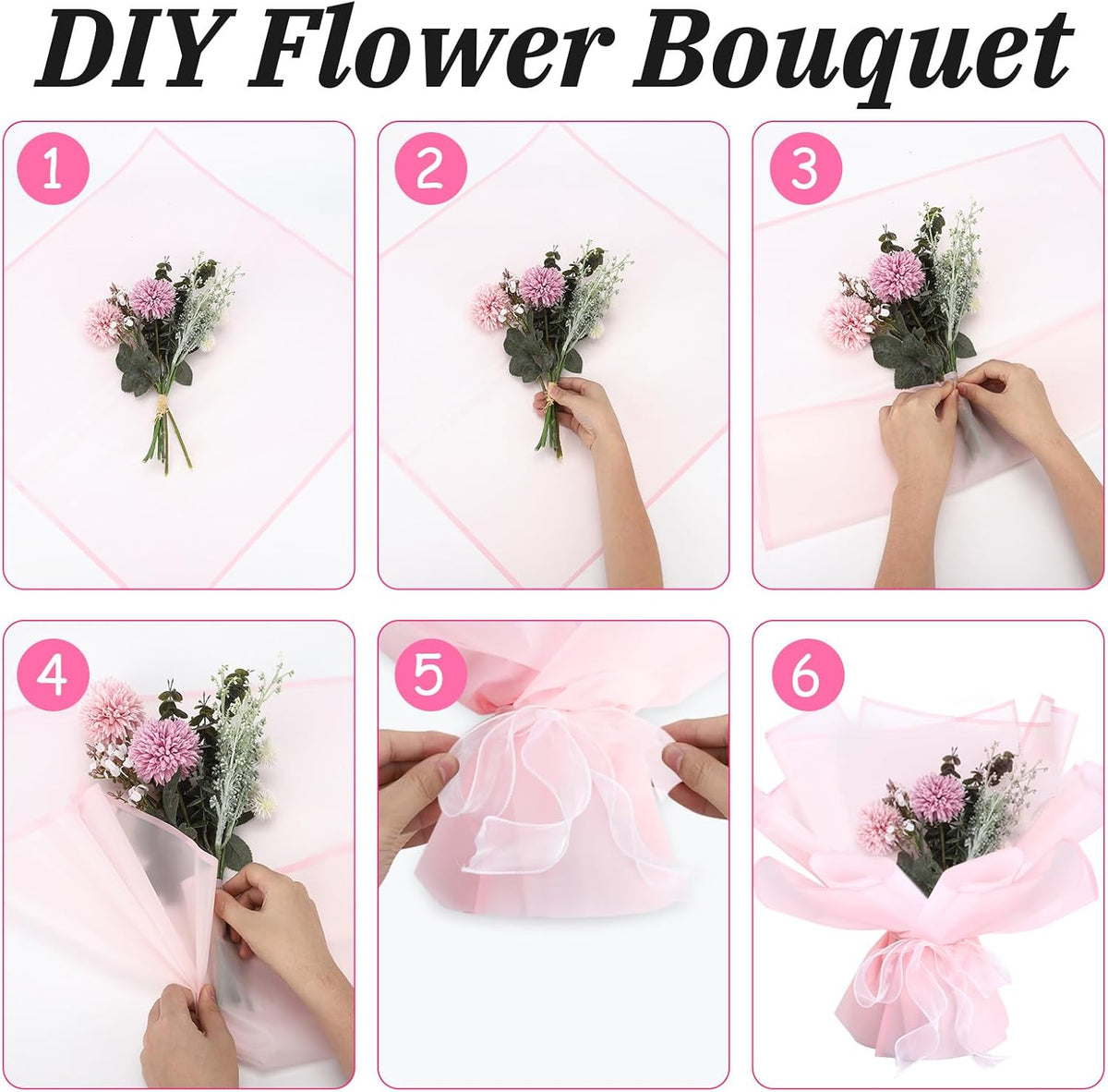 Flower Wrapping Paper, 20 Sheets, Waterproof, Floral Bouquet Design, for Wedding, Birthday Gift, DIY Florist Supplies (Translucent white) (Pink colour, 20 Sheets)