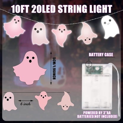 20 Halloween Pink Ghost LED String Lights Battery Operated