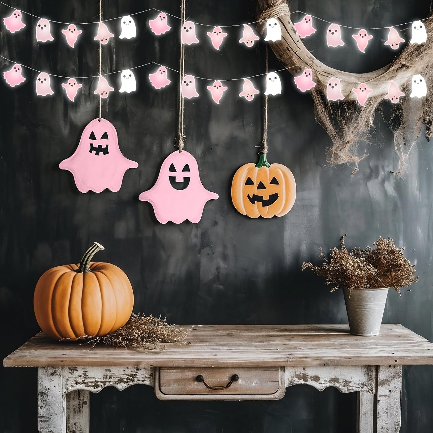 20 Halloween Pink Ghost LED String Lights Battery Operated