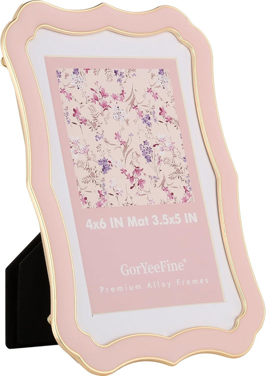 4x6'' High-End Zinc Alloy Pink Picture Frame,Classic Vintage Scalloped Design with Enamel Finish & Premium Acid-Free White Mat for 3.5x5'',Elegant Weddings & Home Décor Photo Frames