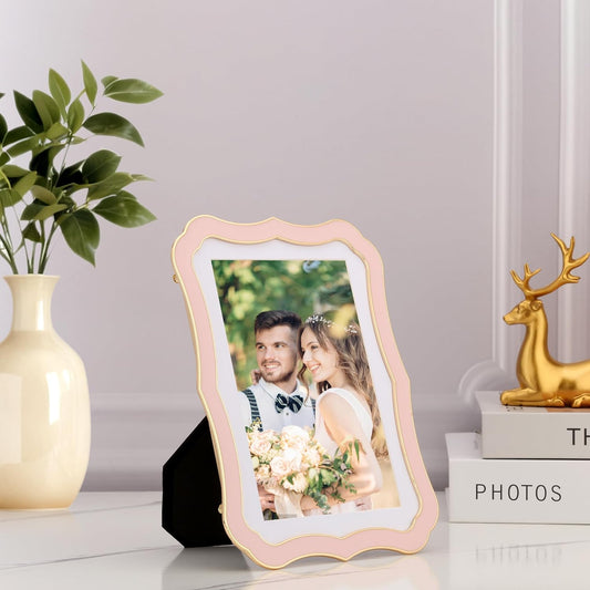 4x6'' High-End Zinc Alloy Pink Picture Frame,Classic Vintage Scalloped Design with Enamel Finish & Premium Acid-Free White Mat for 3.5x5'',Elegant Weddings & Home Décor Photo Frames