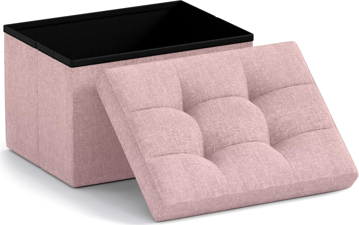 Small Rectangle Storage Ottoman, Foldable Linen, 12x16x12, Pink