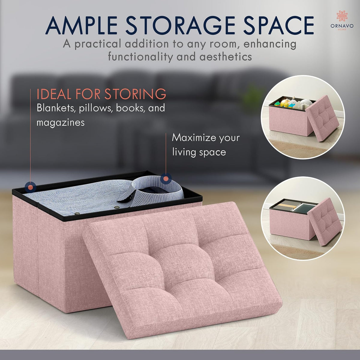 Small Rectangle Storage Ottoman, Foldable Linen, 12x16x12, Pink