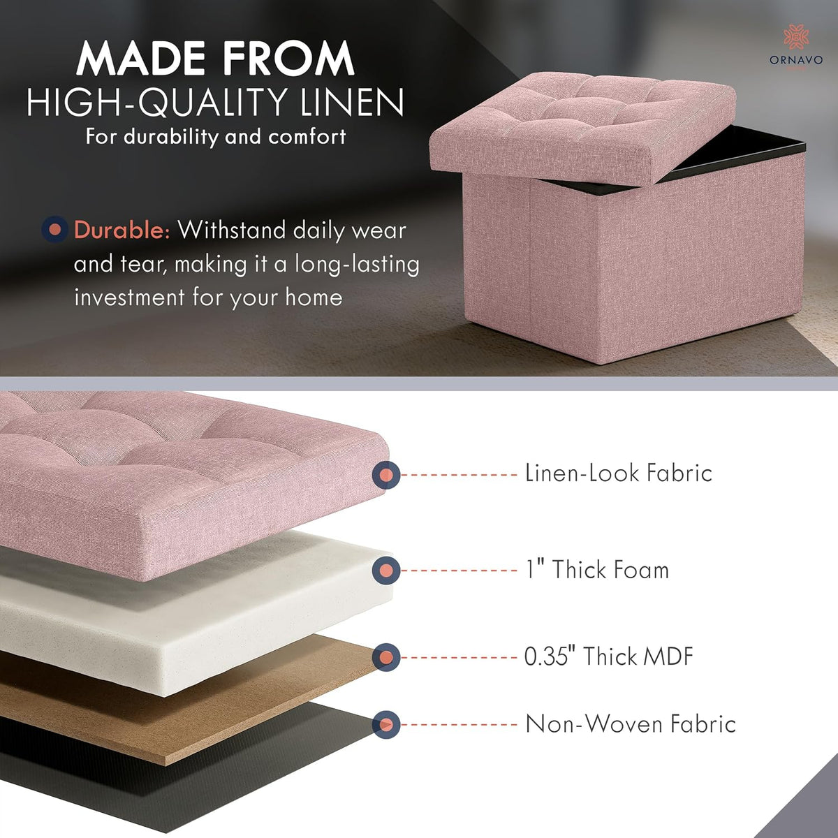 Small Rectangle Storage Ottoman, Foldable Linen, 12x16x12, Pink