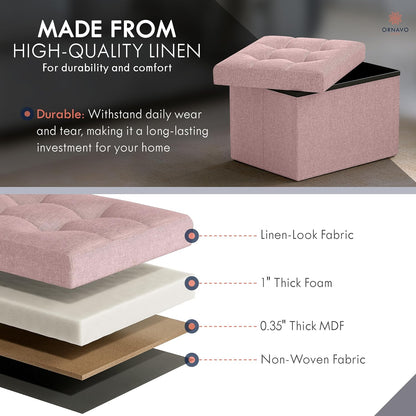 Small Rectangle Storage Ottoman, Foldable Linen, 12x16x12, Pink