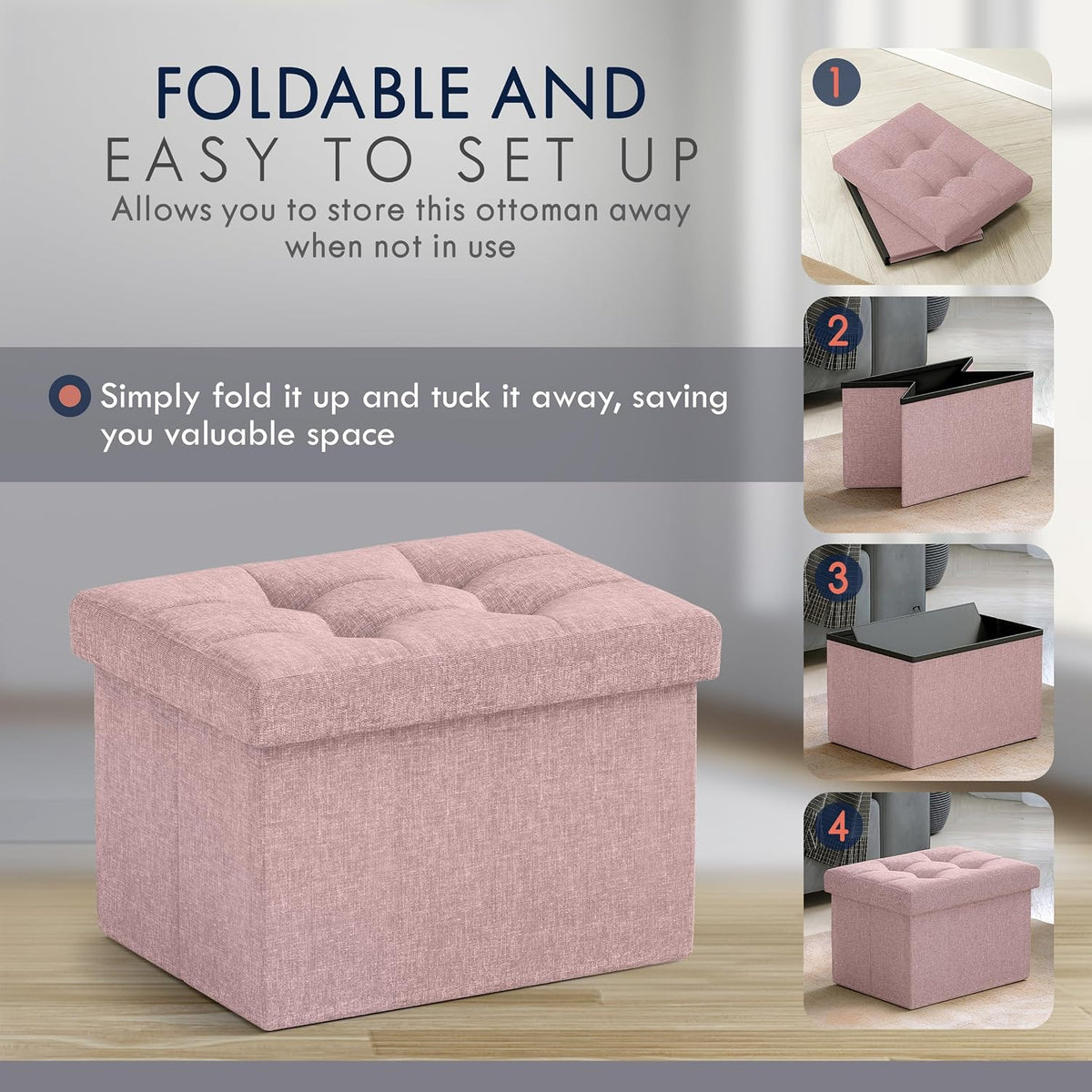 Small Rectangle Storage Ottoman, Foldable Linen, 12x16x12, Pink
