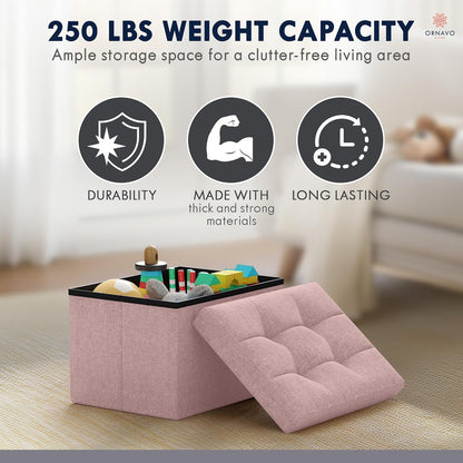 Small Rectangle Storage Ottoman, Foldable Linen, 12x16x12, Pink