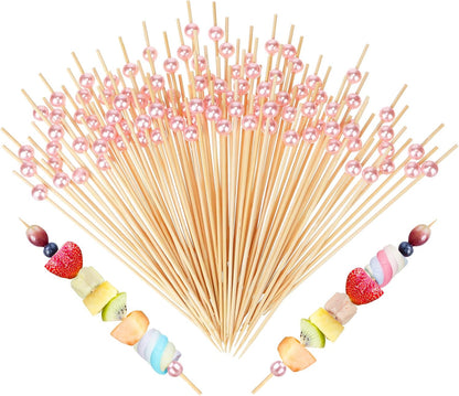 100 Pcs 6 Inch Long Pink Pearl Skewers Cocktail Picks, Party Favors