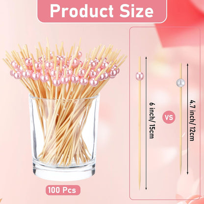 100 Pcs 6 Inch Long Pink Pearl Skewers Cocktail Picks, Party Favors