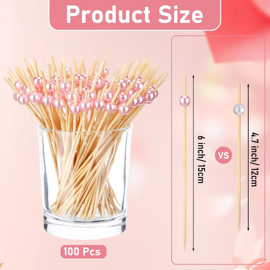 100 Pcs 6 Inch Long Pink Pearl Skewers Cocktail Picks, Party Favors