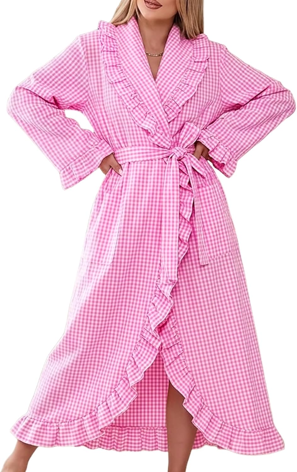 Cotton Robes for Women Gingham Long Sleeve Ruffle Trim Bathrobe