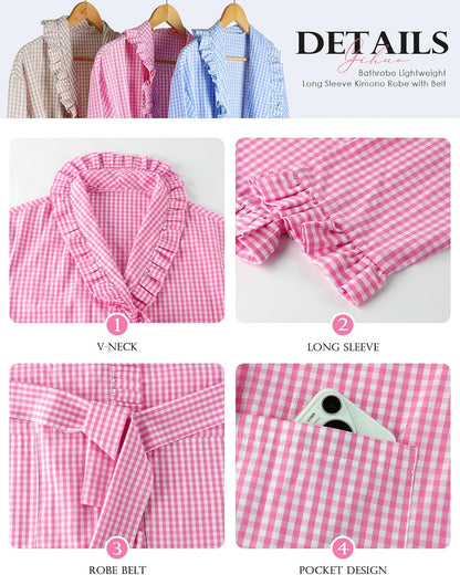 Cotton Robes for Women Gingham Long Sleeve Ruffle Trim Bathrobe