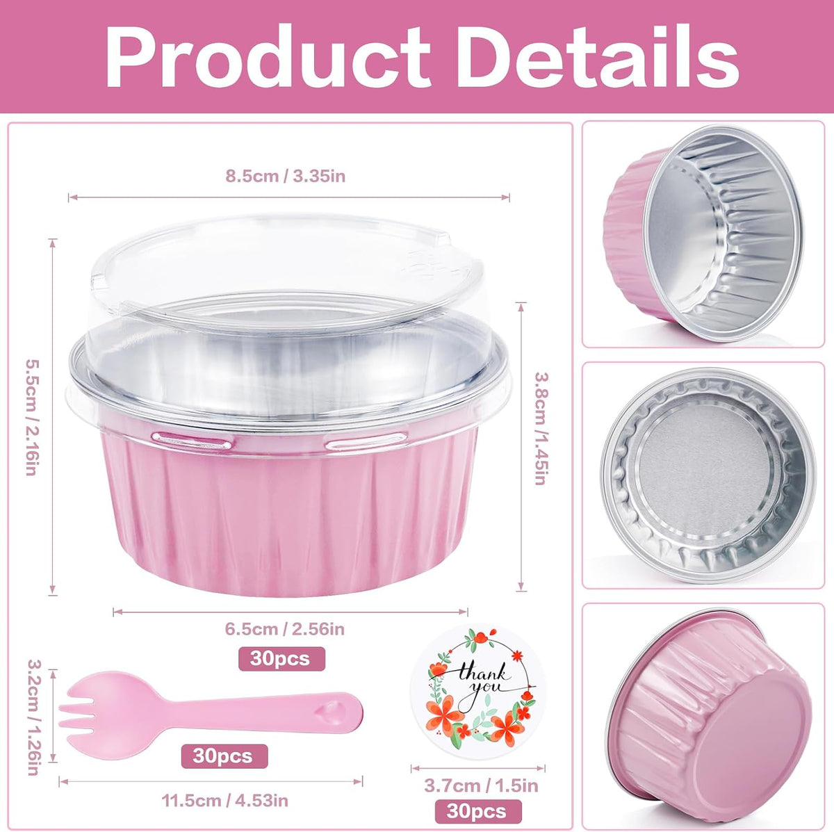 30Pcs Mini Cake Pans with Lids Aluminum Foil, 5oz Disposable Mini Loaf pans with Lids and Spoons, Small Baking Cups Pie Tins Muffin Pan Cheesecake Containers for Party Pink Round