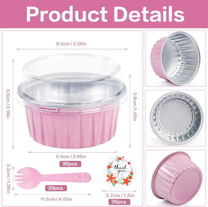 30Pcs Mini Cake Pans with Lids Aluminum Foil, 5oz Disposable Mini Loaf pans with Lids and Spoons, Small Baking Cups Pie Tins Muffin Pan Cheesecake Containers for Party Pink Round