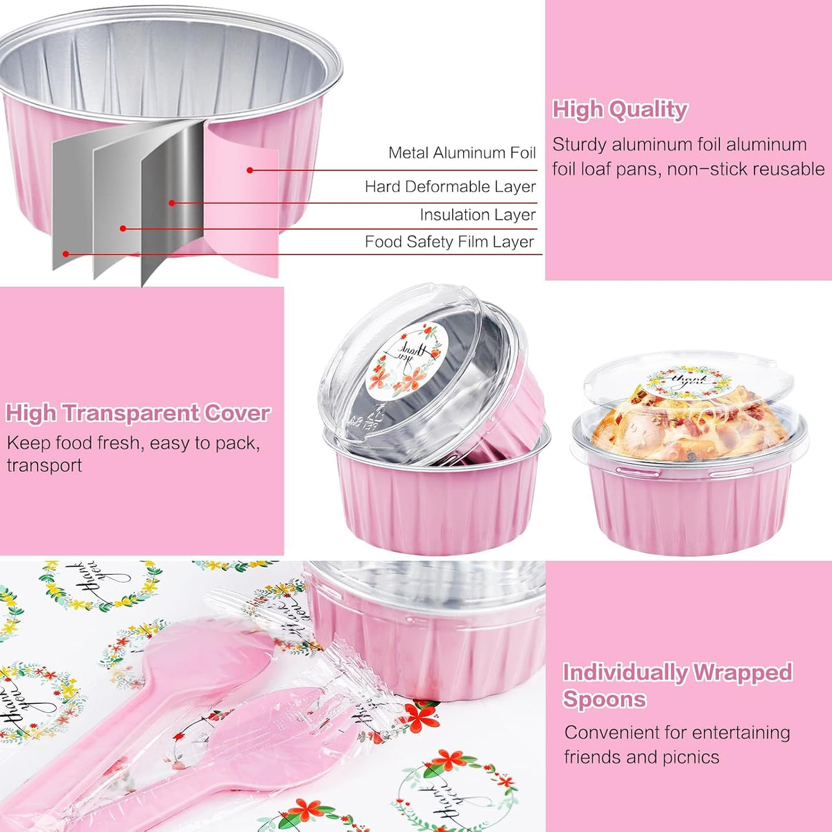 30Pcs Mini Cake Pans with Lids Aluminum Foil, 5oz Disposable Mini Loaf pans with Lids and Spoons, Small Baking Cups Pie Tins Muffin Pan Cheesecake Containers for Party Pink Round