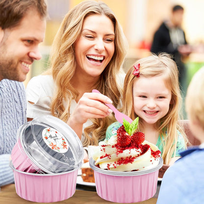 30Pcs Mini Cake Pans with Lids Aluminum Foil, 5oz Disposable Mini Loaf pans with Lids and Spoons, Small Baking Cups Pie Tins Muffin Pan Cheesecake Containers for Party Pink Round