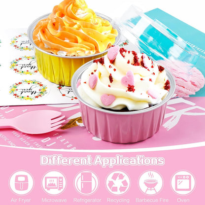 30Pcs Mini Cake Pans with Lids Aluminum Foil, 5oz Disposable Mini Loaf pans with Lids and Spoons, Small Baking Cups Pie Tins Muffin Pan Cheesecake Containers for Party Pink Round