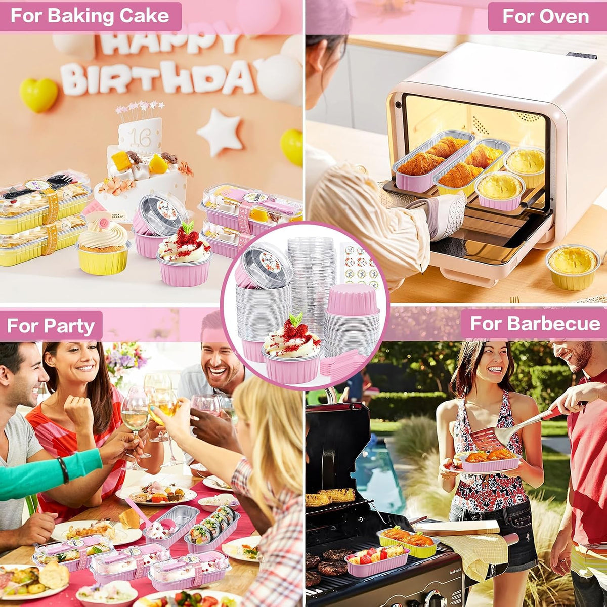 30Pcs Mini Cake Pans with Lids Aluminum Foil, 5oz Disposable Mini Loaf pans with Lids and Spoons, Small Baking Cups Pie Tins Muffin Pan Cheesecake Containers for Party Pink Round