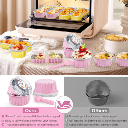 30Pcs Mini Cake Pans with Lids Aluminum Foil, 5oz Disposable Mini Loaf pans with Lids and Spoons, Small Baking Cups Pie Tins Muffin Pan Cheesecake Containers for Party Pink Round
