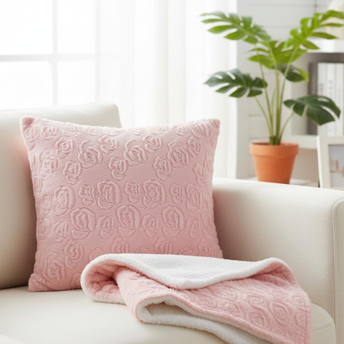 DaDa Bedding Soft Pink Faux Fur Throw Pillow Cover - Fluffy Luxury Blushing Rosey Pastel Cherry Blossom - Decorative Cushion Cases Super Soft Warm Plush - 18” x 18” - 1-Piece