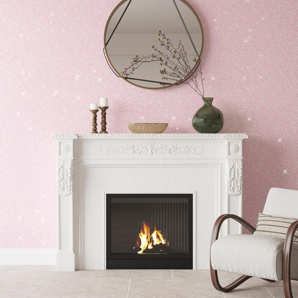 15.7"x78.7" Iridescent Pastel Pink Glitter Wallpaper Peel and Stick for Girls Bedroom Nursery Removable Sparkly Shimmering Pink Contact Paper for Cabinets Drawers Crafts Glitter Vinyl Wrap