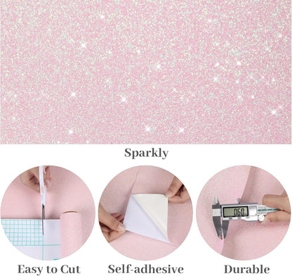 15.7"x78.7" Iridescent Pastel Pink Glitter Wallpaper Peel and Stick for Girls Bedroom Nursery Removable Sparkly Shimmering Pink Contact Paper for Cabinets Drawers Crafts Glitter Vinyl Wrap