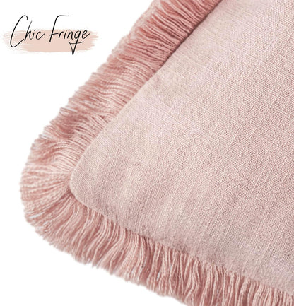 Decorative Linen Fringe Throw Pillow Covers Cozy Boho Farmhouse Cushion Cover with Tassels Soft Accent Pillowcase for Chair Sofa Bed Living Room Home Decor, 18×18 Inch, 1PC,Light Pink