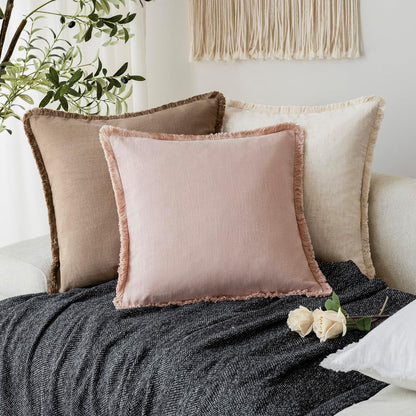 Decorative Linen Fringe Throw Pillow Covers Cozy Boho Farmhouse Cushion Cover with Tassels Soft Accent Pillowcase for Chair Sofa Bed Living Room Home Decor, 18×18 Inch, 1PC,Light Pink